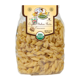 A bag of pasta with an organic label.